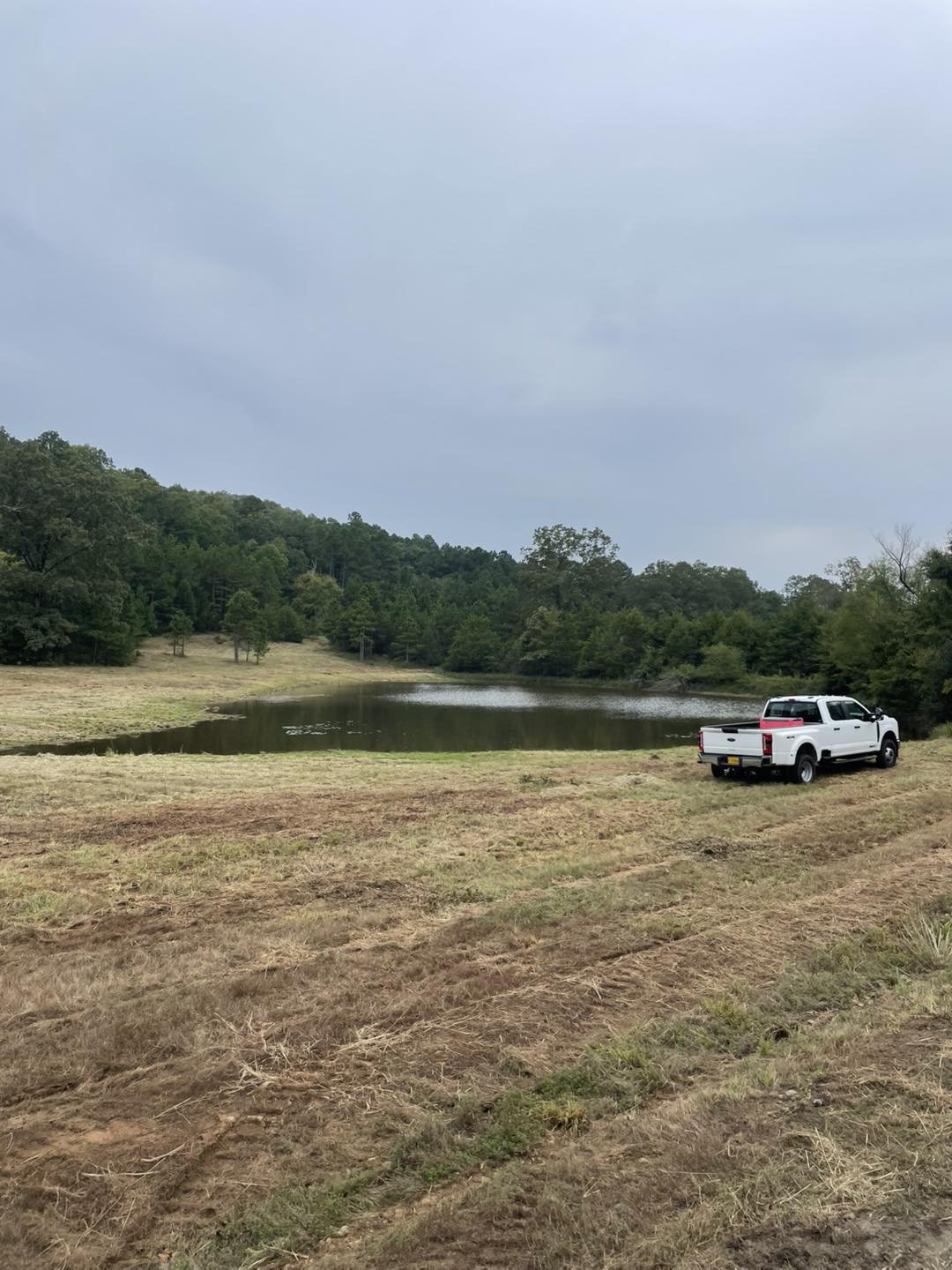 A white pickup truck parked on the grassy shore of a small lake, surrounded by trees and hills under a cloudy sky.