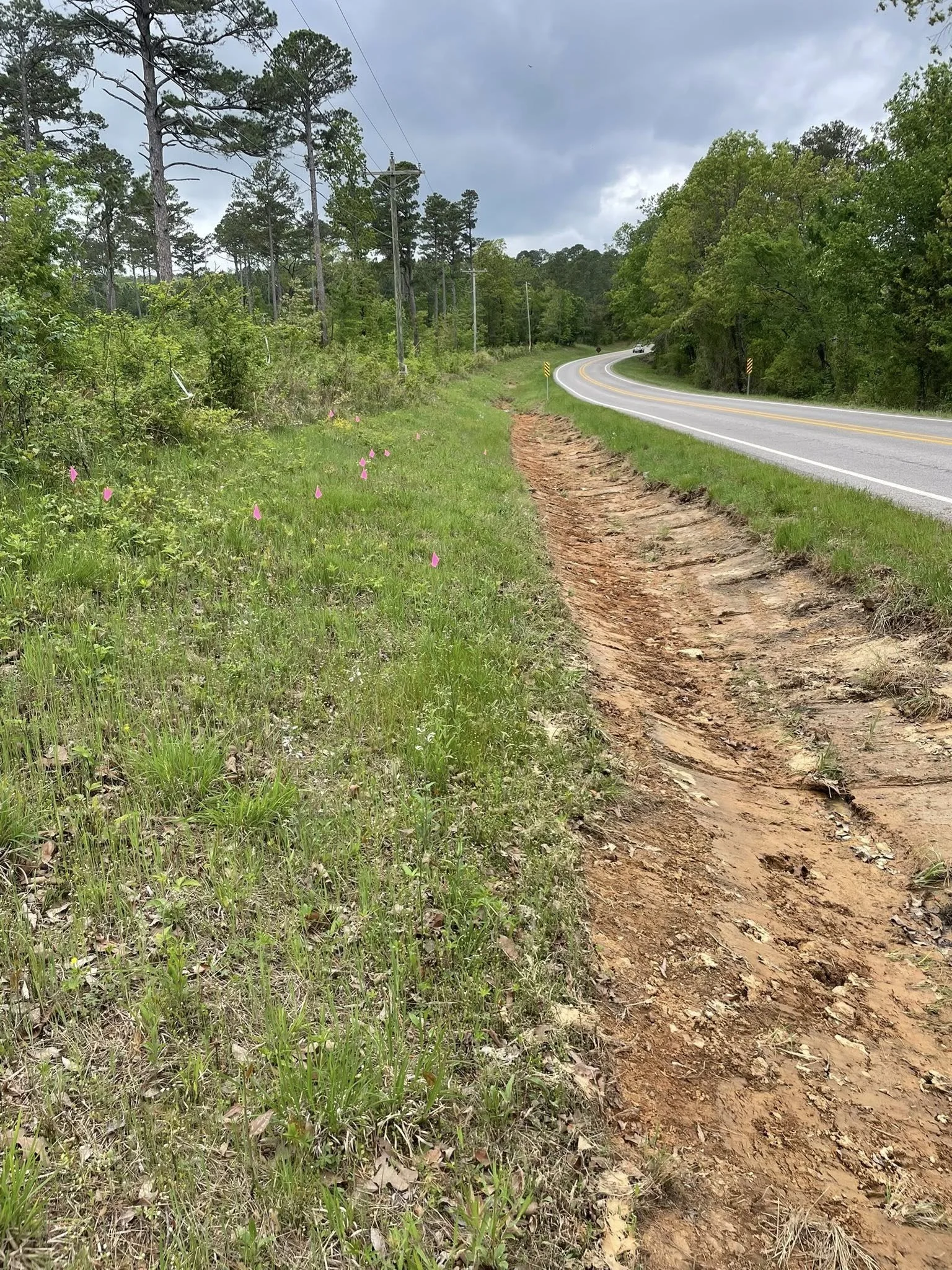 A rural road with a dirt shoulder on the left side, surrounded by green trees and grass. Power lines run parallel along the road, which curves to the right. The sky is cloudy.