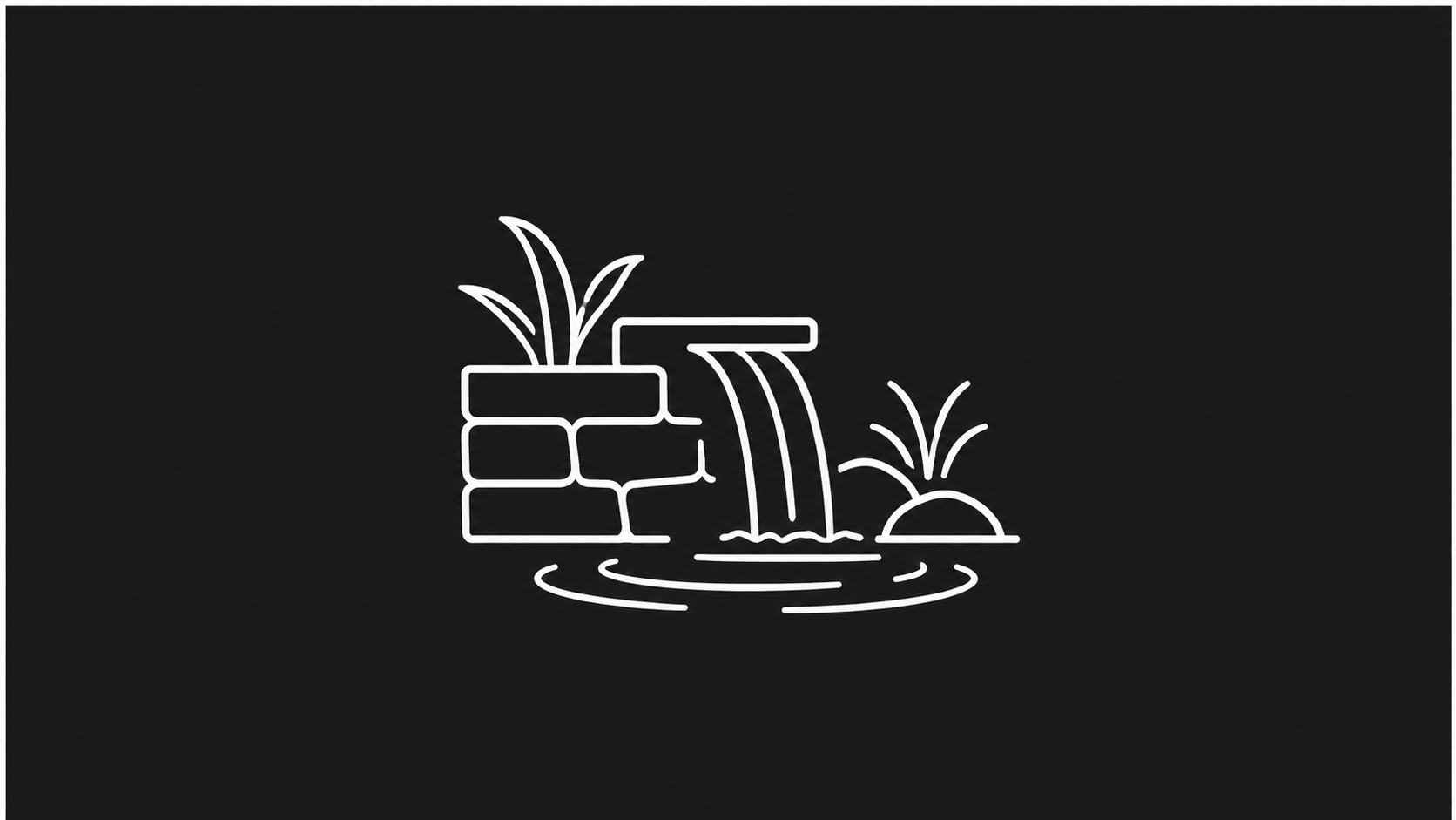 Neon outline of a small decorative fountain with water flowing from a pipe into a pool, surrounded by plants on a dark background.