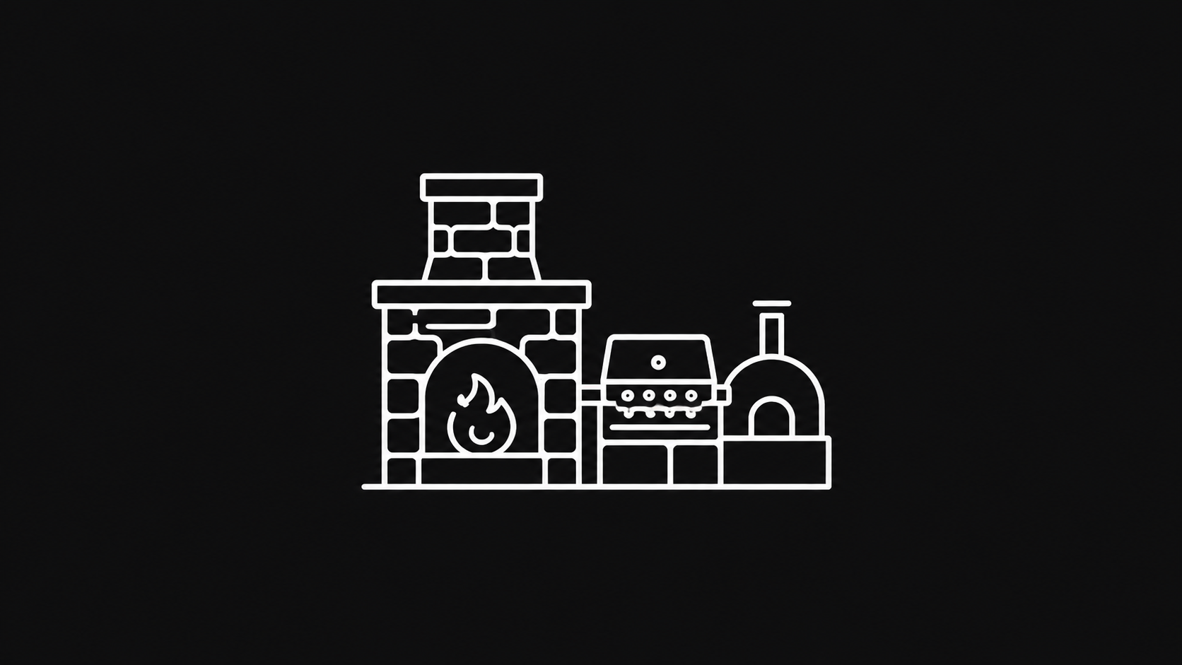 Outline drawing of a fireplace, barbecue grill, and pizza oven in white on black background.