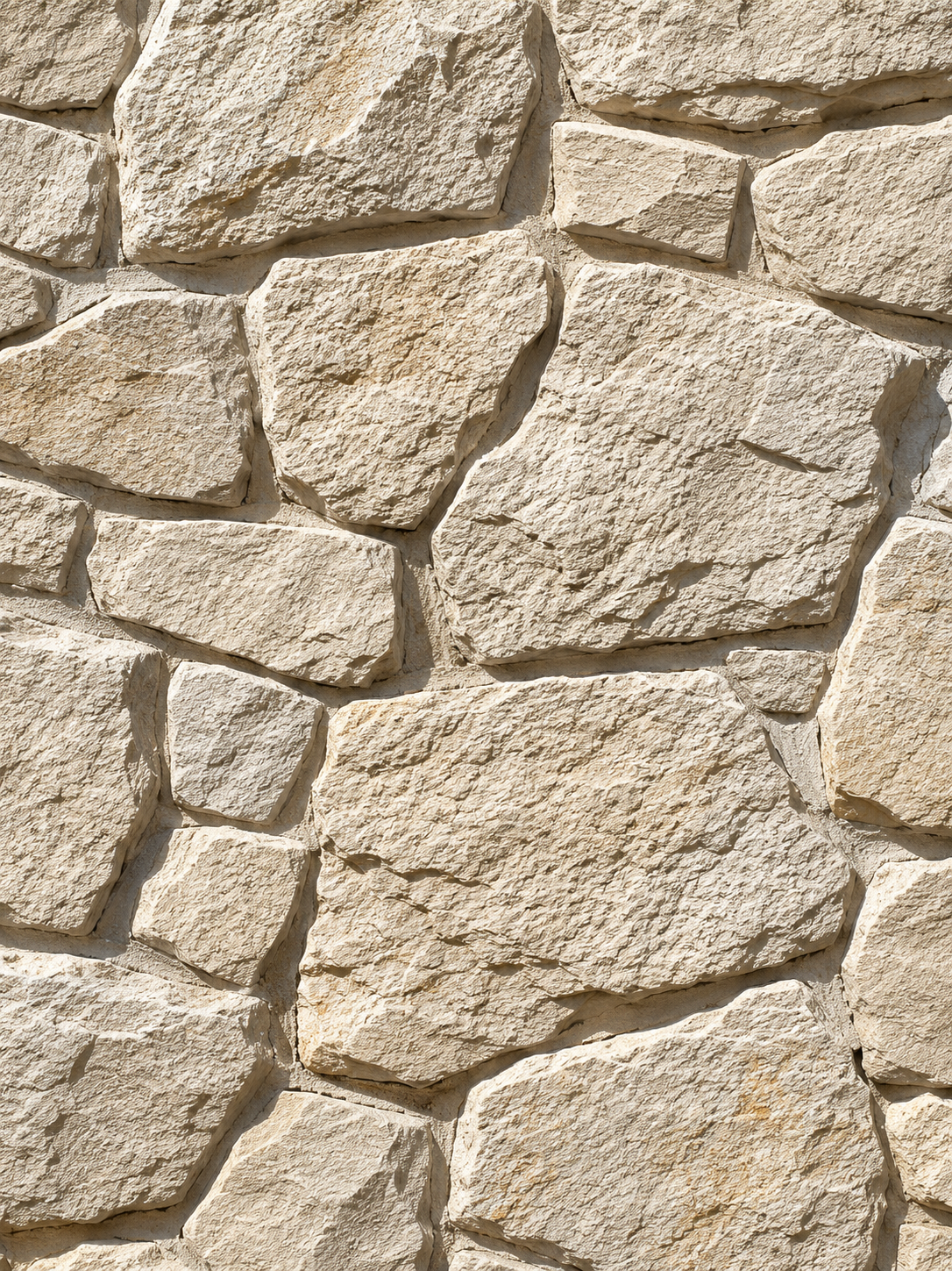 Close-up of a beige stone brick wall with rough, textured surface and irregular shapes.