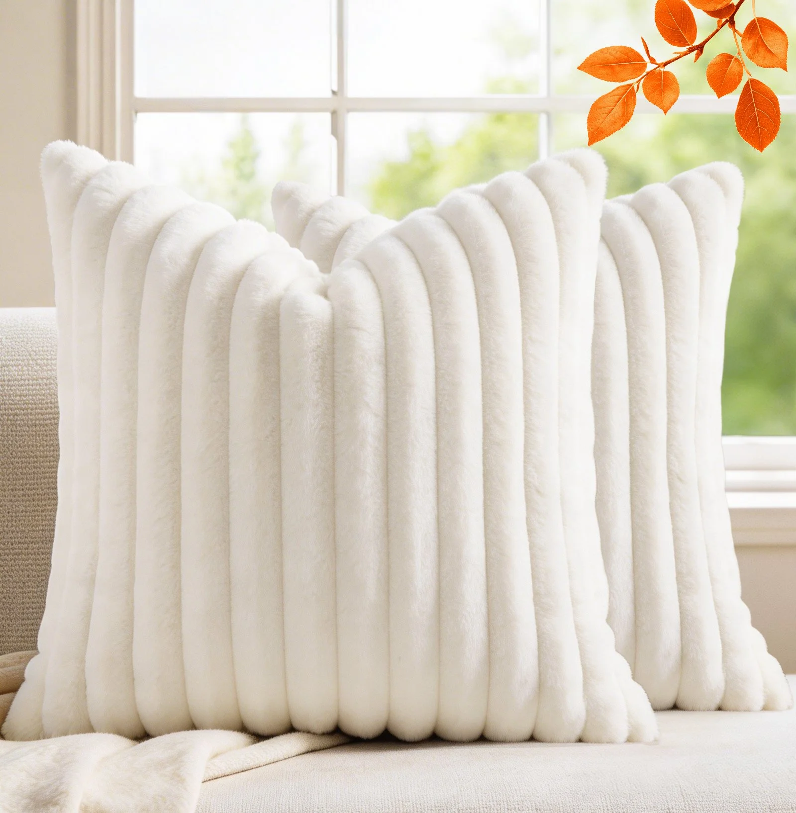 Pack of 2 Throw Pillow Covers 18x18 Decorative Solid Plush Faux Fur with Soft Velvet Back, Square Striped Cushion Cases Modern Farmhouse Home Decor for Living Room Couch Sofa Bed Cream White