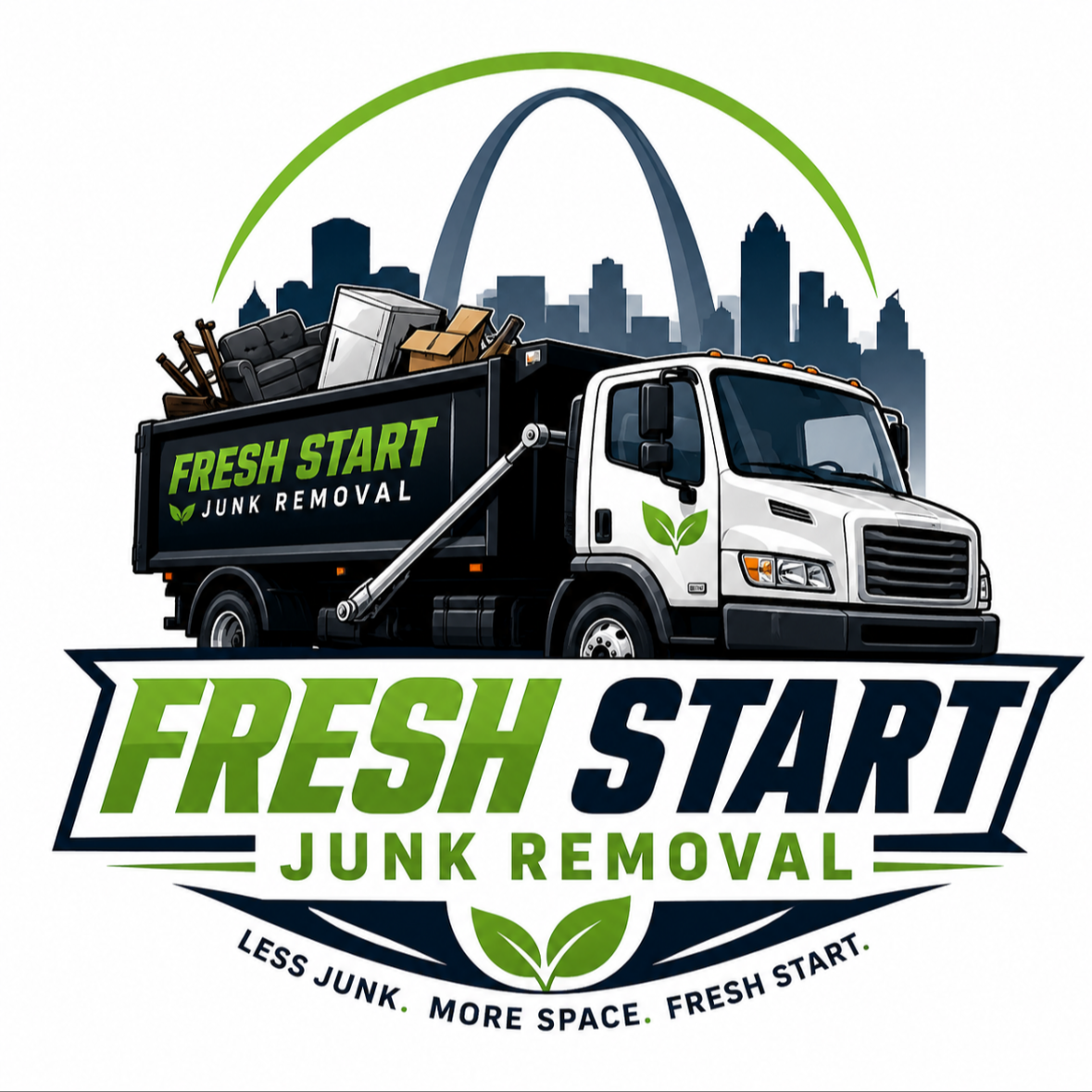 Fresh Start Junk Removal logo with box truck and St. Louis Gateway Arch - local junk removal company serving St. Louis, MO
