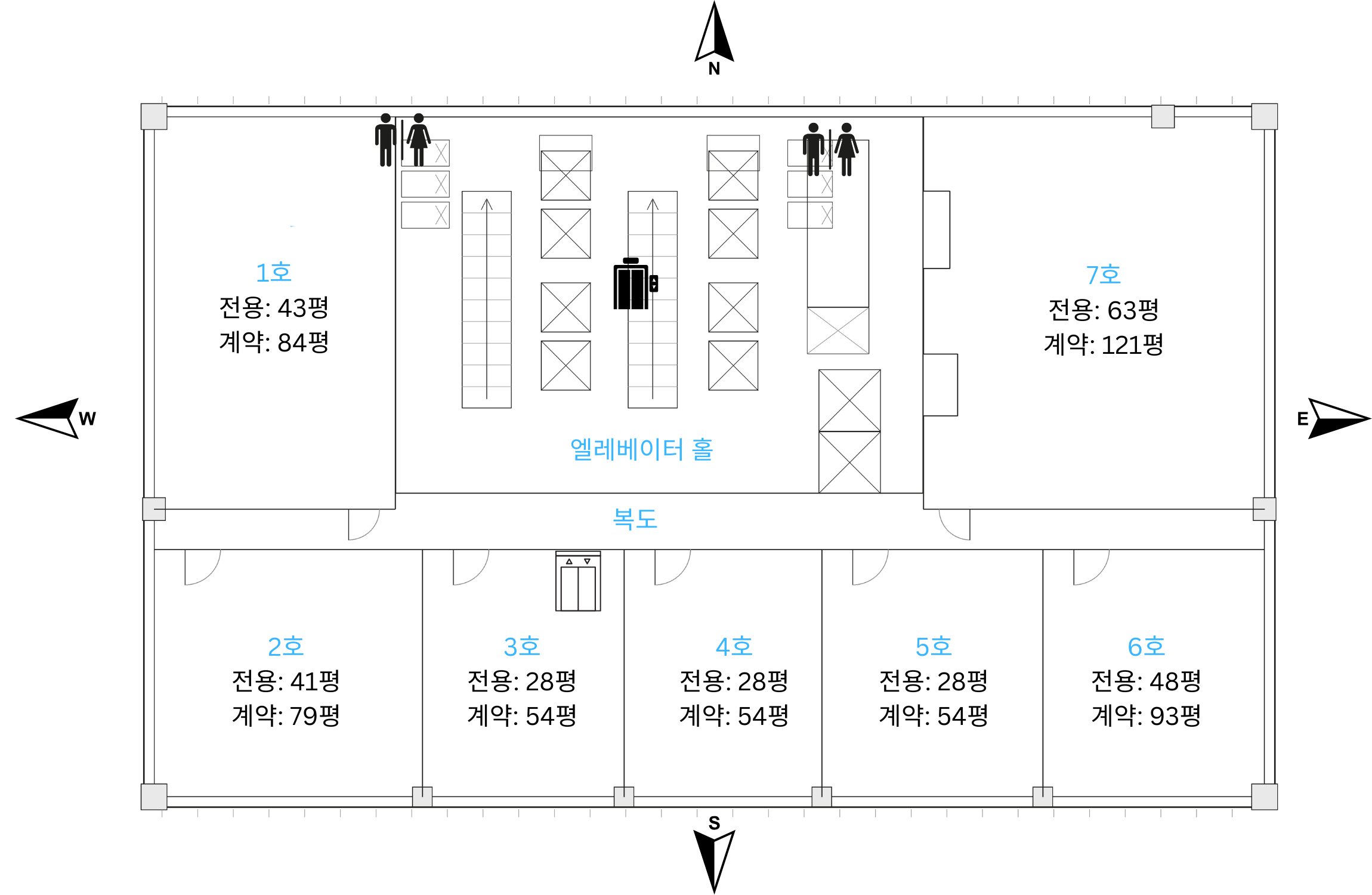 A floor plan of a building showing room layouts, with labels in Korean. The plan includes elevator hall, office rooms numbered 1 through 7, and different designated room sizes in ping, which is a Korean unit of area. There are directional markers indicating north, south, east, and west.