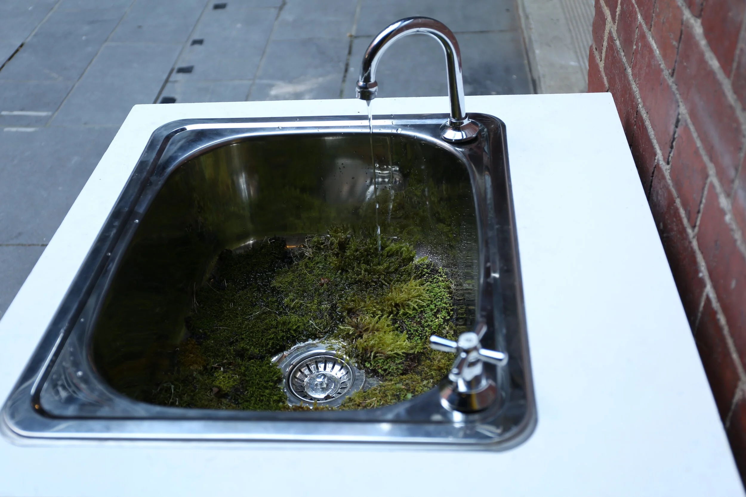 Durational Nature, 2017, Playing Ground, RMIT University, Melbourne, Australia Plywood, soil, moss, water, copper &amp; stainless steel