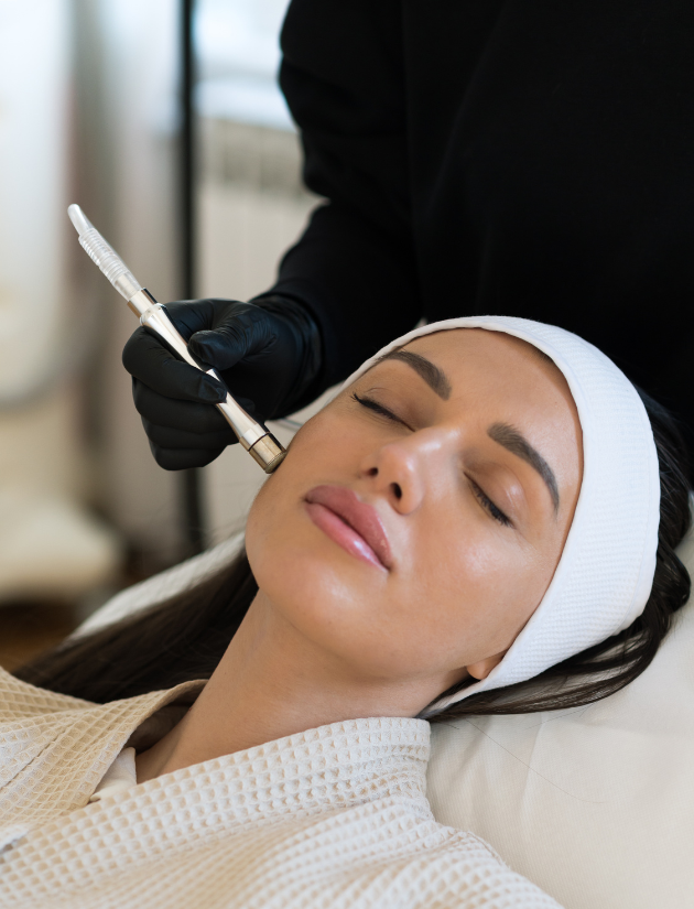 A woman is lying down with her eyes closed while receiving a cosmetic treatment with a small handheld device from a professional wearing black gloves.