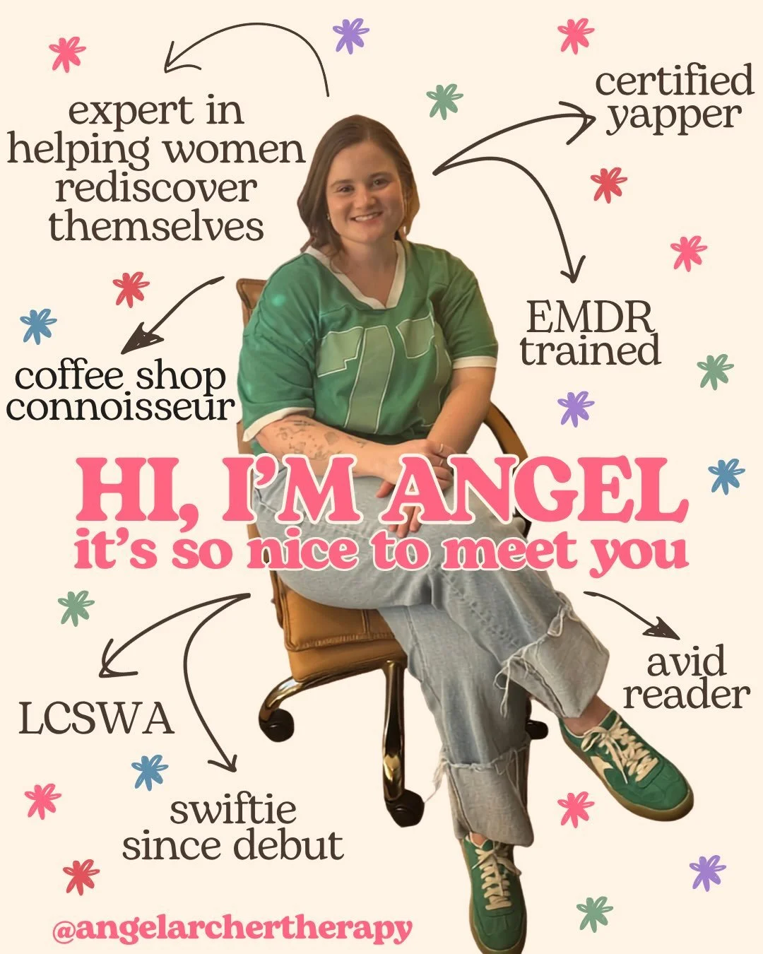 Hi, I&rsquo;m Angel 😇 I&rsquo;m a millennial therapist, EMDR-trained clinician, and confidence coach who loves helping women navigate life&rsquo;s transitions, rediscover themselves, and feel a little less alone in the process. 

Around here, you&rs