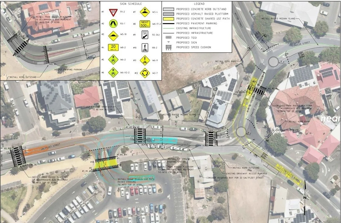 Road safety and traffic upgrade concept design for Port Noarlunga, City of Onkaparinga SA, delivered by Vision Zero Australia in 2024, showing raised platforms, shared use paths, and intersection treatments.