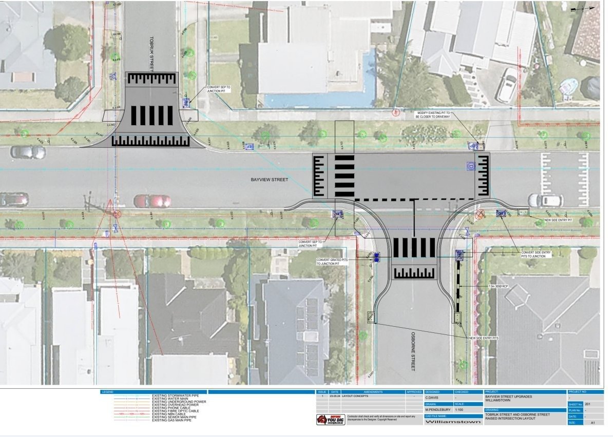 Civil engineering design for traffic and pedestrian safety improvements at Bayview Street and Osborne Street, Williamstown, delivered by Vision Zero Australia for Hobsons Bay City Council.