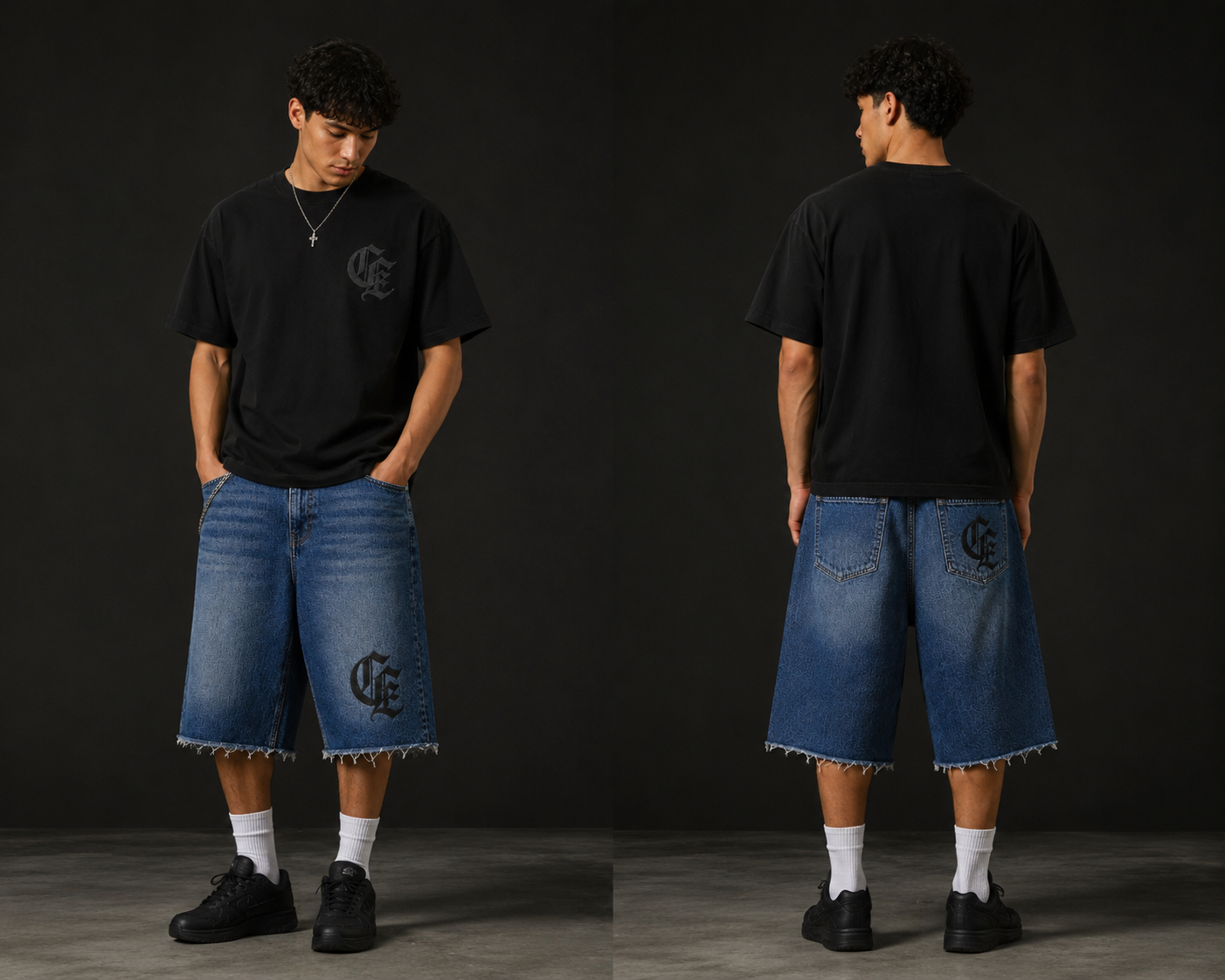 A young man wearing a black T-shirt, denim shorts with a logo, white socks, and black sneakers, standing against a black background. He has his hands in his pockets and is looking down in the front view, with his back facing the camera in the rear view.
