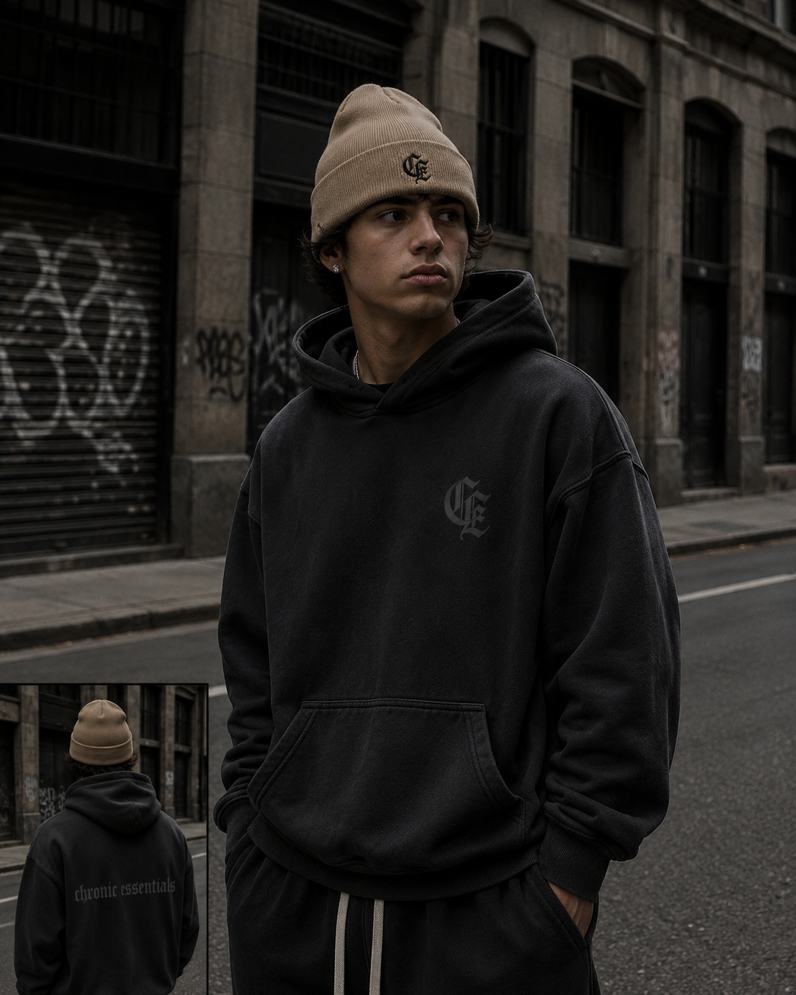 A young man with curly hair wearing a beige beanie and black hoodie standing on an urban street with graffitied buildings in the background.