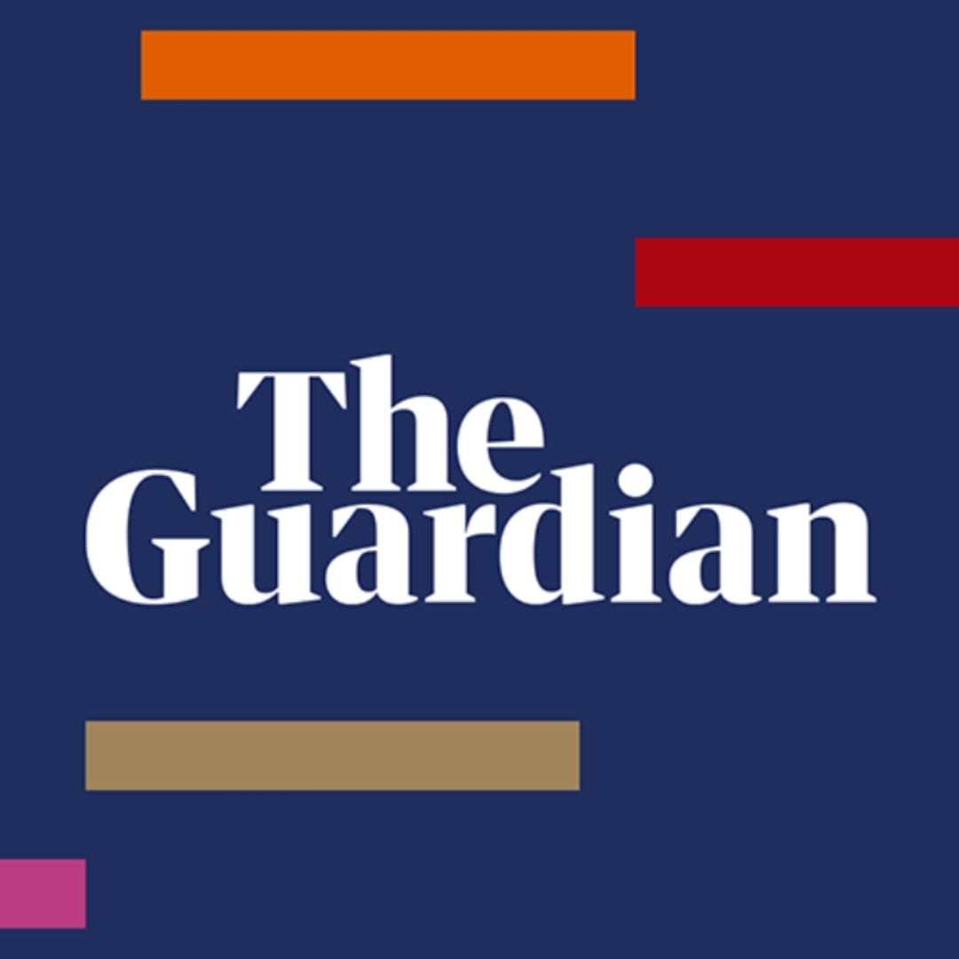 Cover of The Guardian newspaper with a dark blue background and colorful rectangular accents, displaying the title 'The Guardian' in white text.