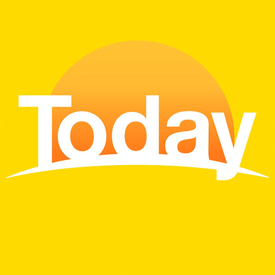 Graphic with a yellow background, an orange gradient semi-circle in the center, and the word 'Today' in large white letters across the middle.