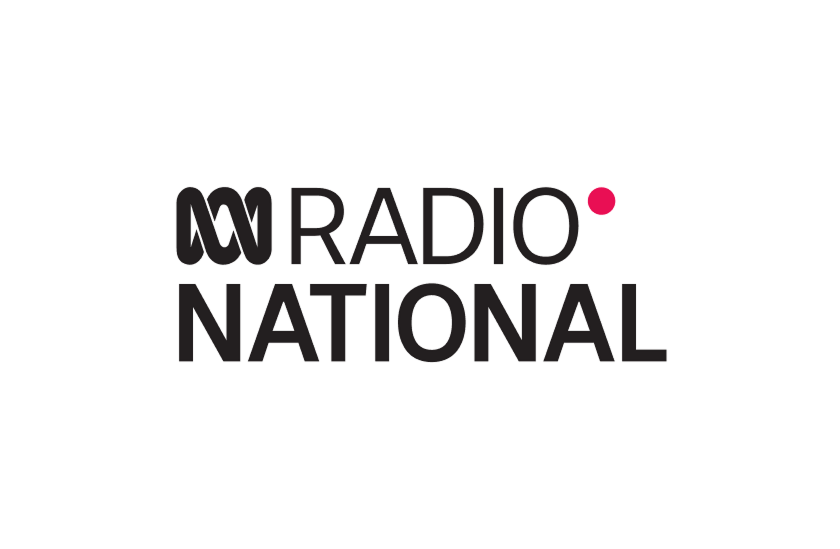 The logo of ABC Radio National featuring a black abstract symbol, the words 'RADIO NATIONAL' in black bold letters, and a pink dot to the right of the symbol.