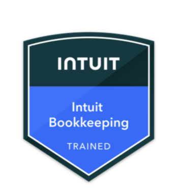 Intuit Bookkeeping badge with blue and green shield design.