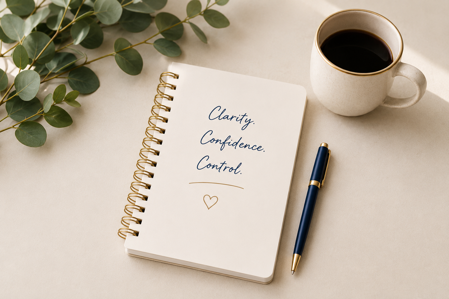 A notebook with the words "Clarity, Confidence, Control" written inside, a blue and gold pen, a cup of black coffee, and some eucalyptus leaves on a neutral surface.