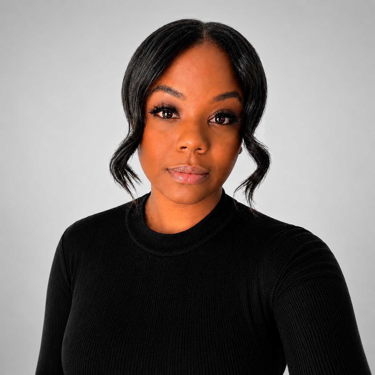 Portrait of a woman with black wavy hair, wearing a black top, and looking at the camera against a plain light gray background.