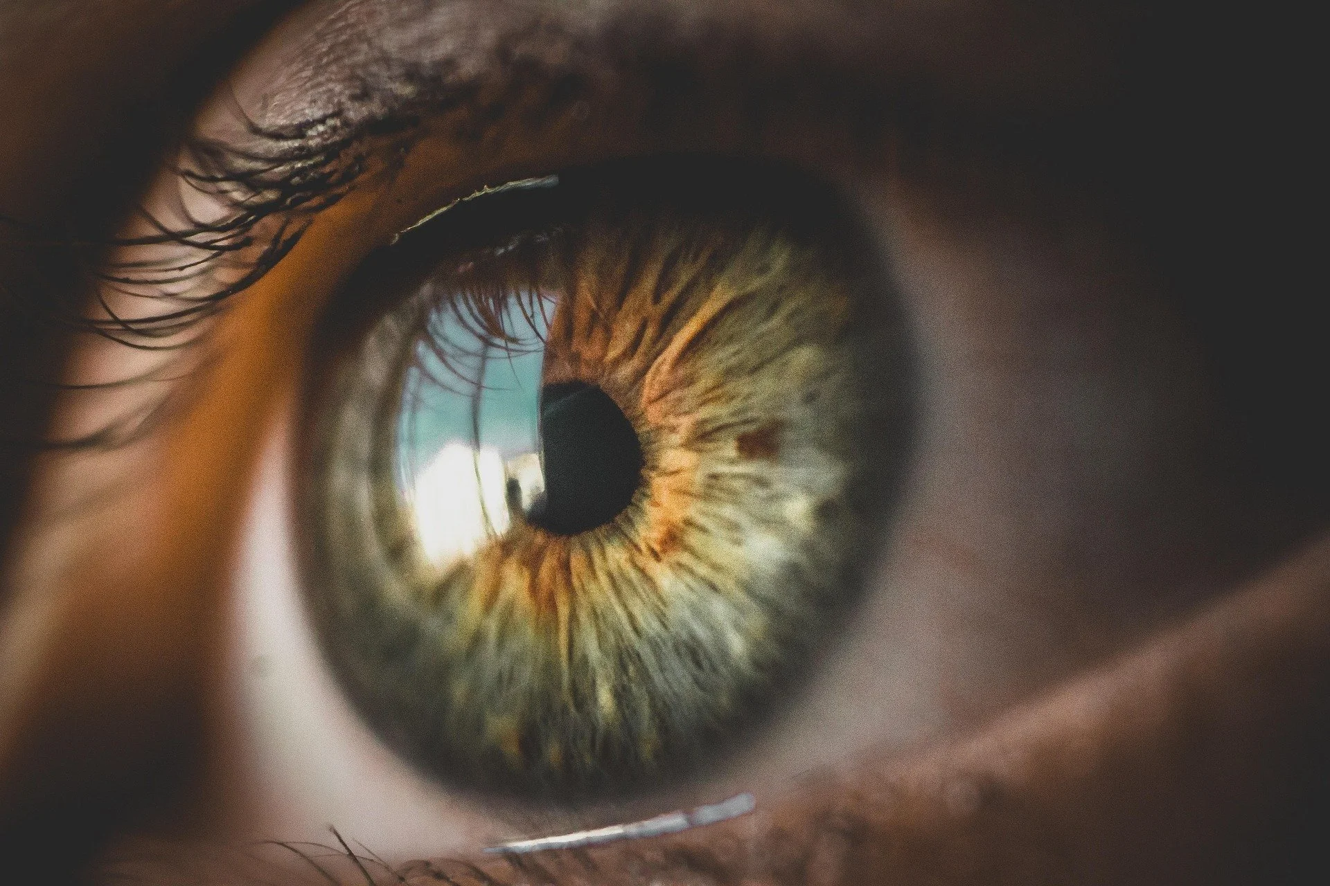 Close-up of a human eye showing green and brown iris, dark pupil, and eyelashes.