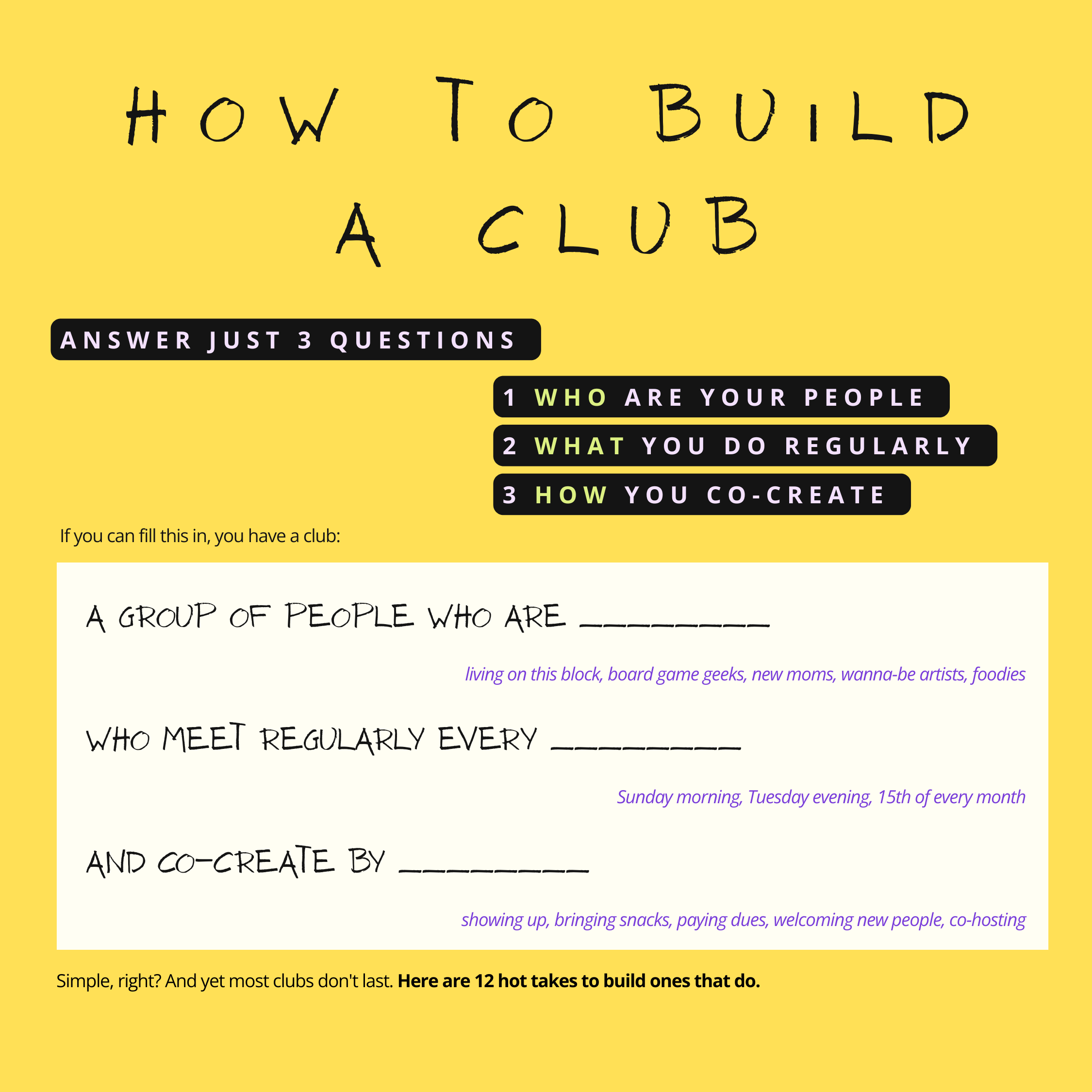 Colorful game instructions to build a club, with questions about identifying members, activities, and co-creation, and tips for lasting clubs.