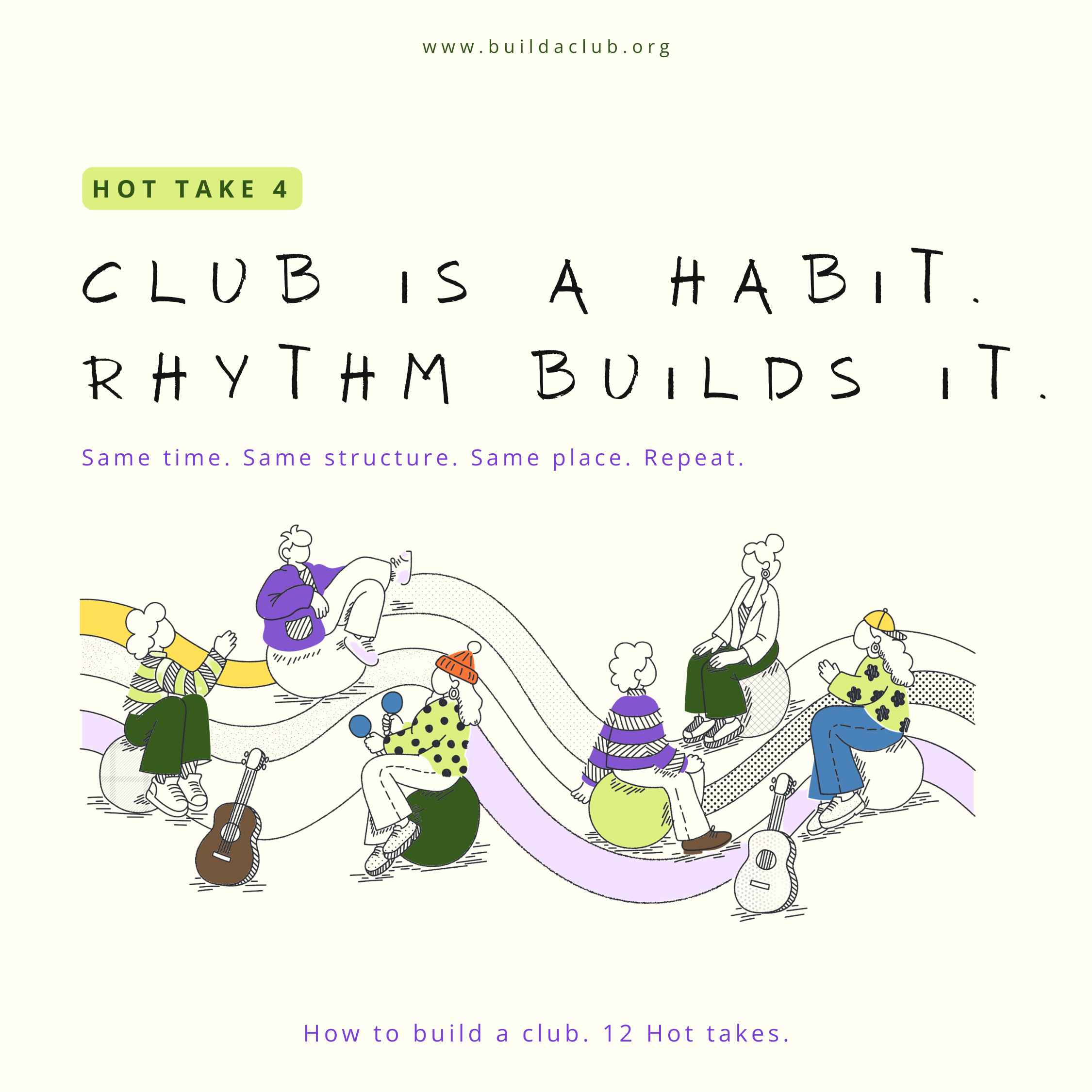 A digital illustration showing children and adults building a model club with various structures and objects like guitars, umbrellas, and balls, with text indicating steps on how to build a club.