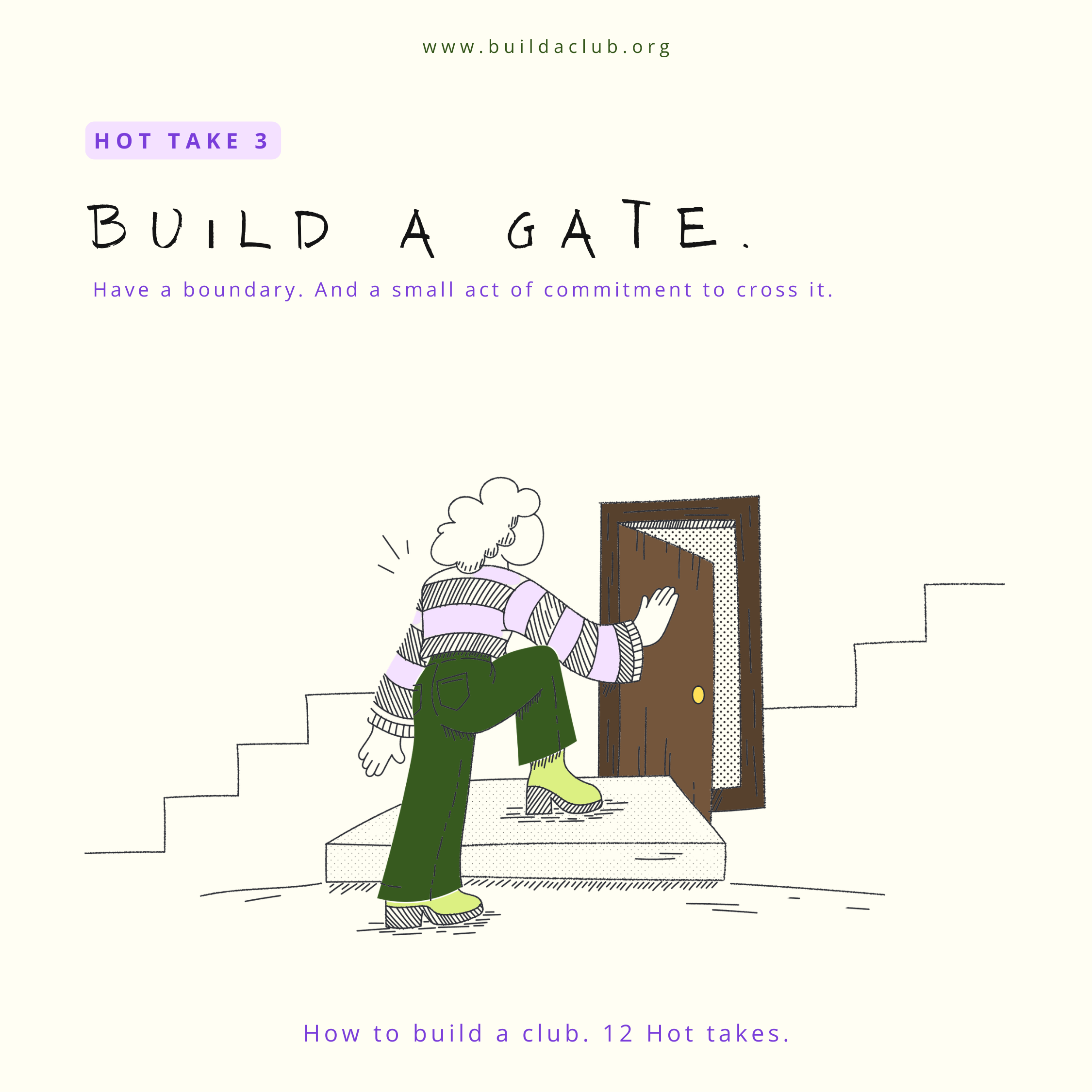 Illustration of a person and a dog building a gate at the top of stairs, part of a guide titled 'How to build a gate. 12 Hot takes.' with some text about boundaries.