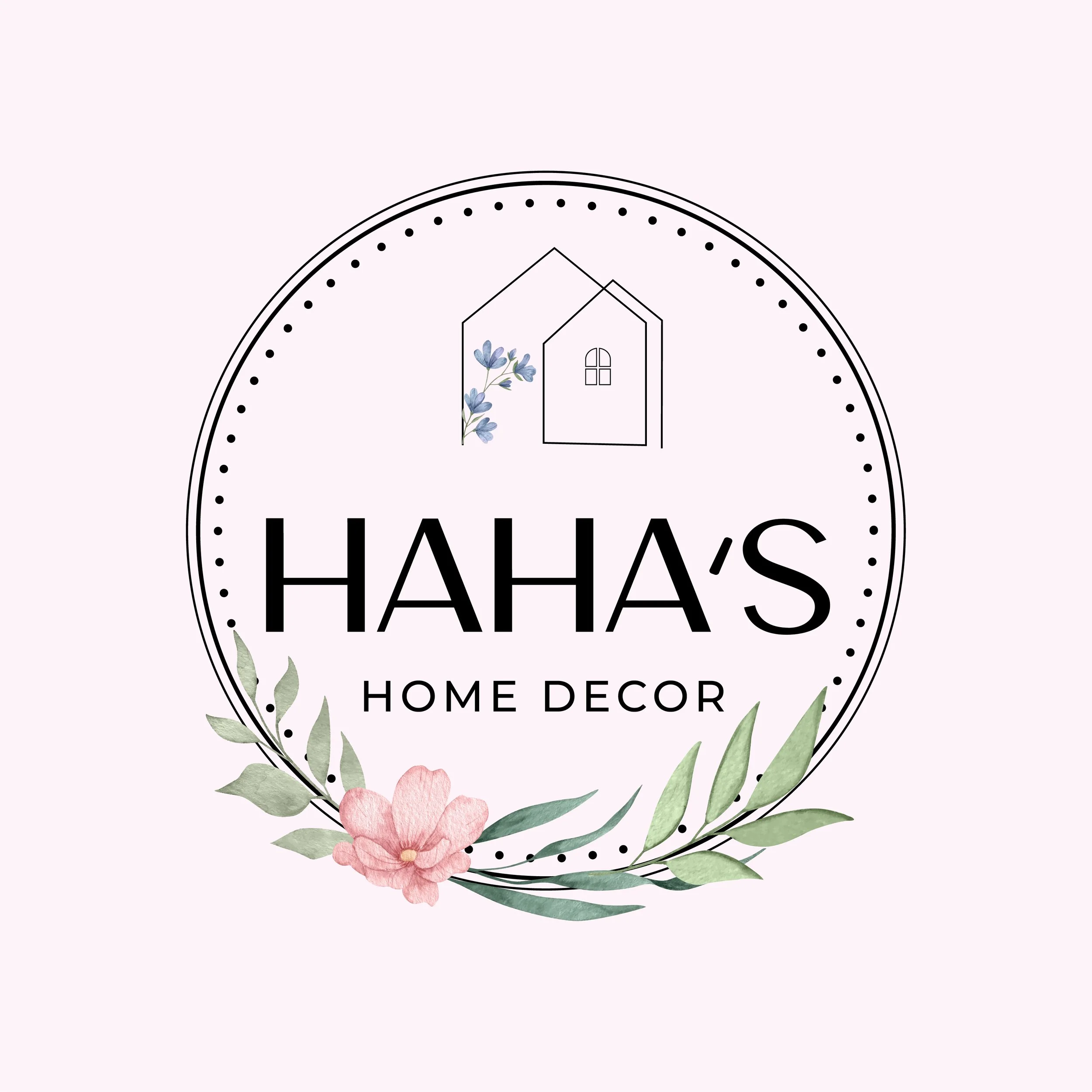 A logo for a home decor brand called Shays with a circular design, floral accents, a house icon, and the brand name in bold black letters on a light pink background.