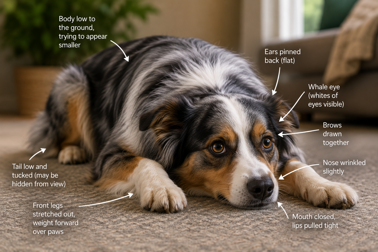 A resting Australian Shepherd dog lying on the floor with annotations pointing to its features: body low to ground, tail tucked, front legs stretched out, ears pinned back, whale eye, brows drawn together, nose wrinkled, mouth closed, and paws visible.