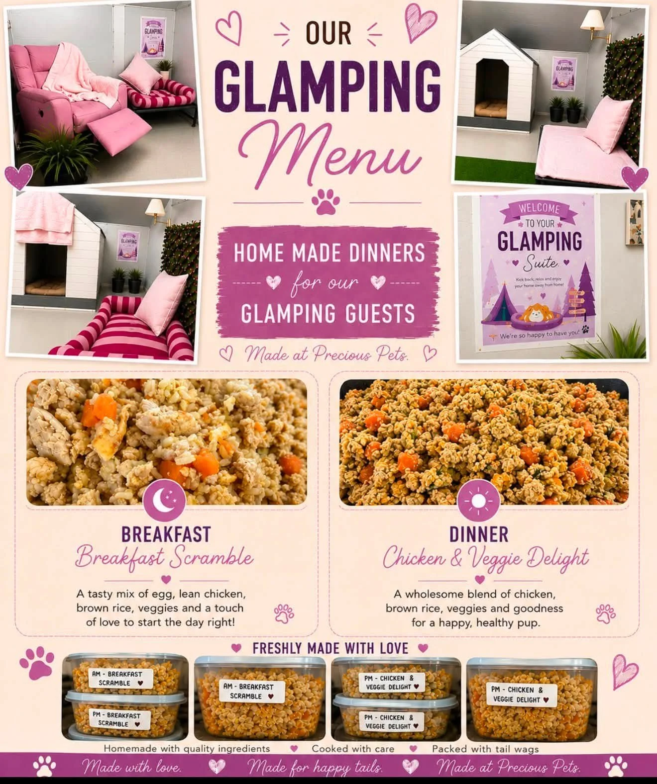 A pet-friendly glamping menu poster with photos of cozy indoor pet areas, a sign welcoming guests to the glamping suite, and containers of homemade pet food labeled with different meal options including breakfast scramble and chicken & veggie delight.