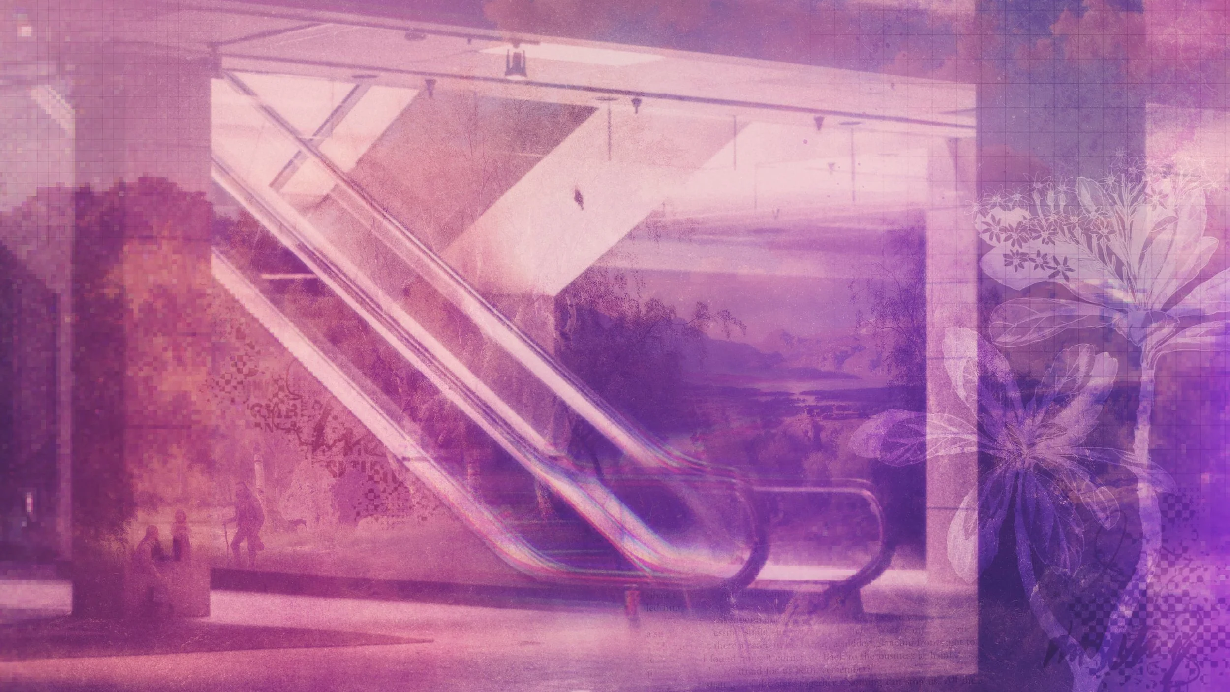 A blurry and pixelated image of an indoor setting, possibly a shopping mall or airport, with people walking and an escalator. There are decorative elements like flowers on the right side.