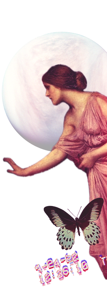 A woman in a pink dress is reaching out with her right hand, standing in front of a large, full moon. A butterfly with black and white wings and green spots is near her waist, with a digital clock displaying the time 1:24:22 and date 12-36-16 below it.