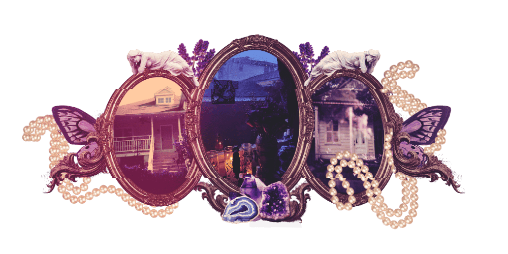 Three ornate oval mirrors with purple and pink tint, decorated with butterfly and fairy wing designs, surrounded by pearl necklaces and purple flowers.