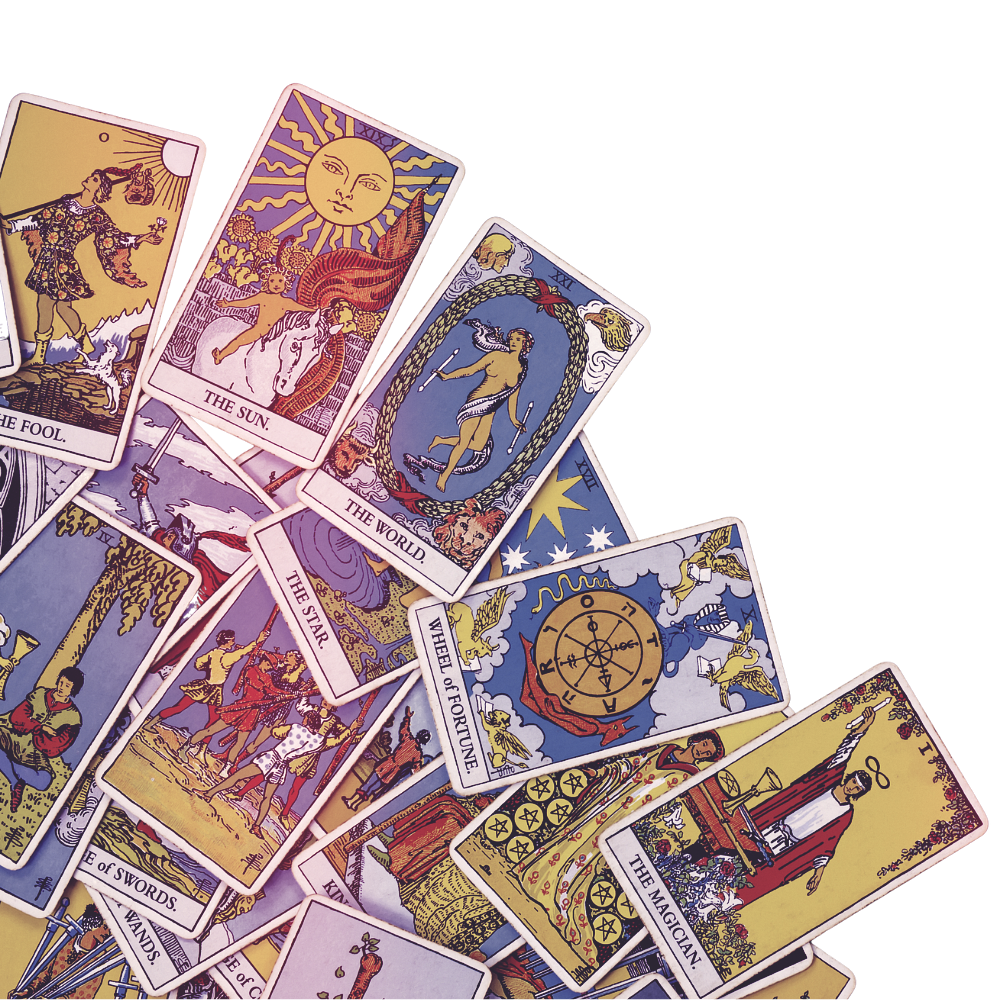 A spread of tarot cards, including The Sun, The World, The Fool, The Star, Wheel of Fortune, The Magician, and swords and wands cards, with a colorful galaxy-like background.