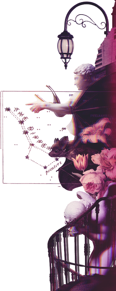 A digital collage featuring a cherub-like statue holding a book, an illuminated street lamp, a constellation map, a fish, pink flowers, and a staircase with a railing. The background is black with pink and purple tones.