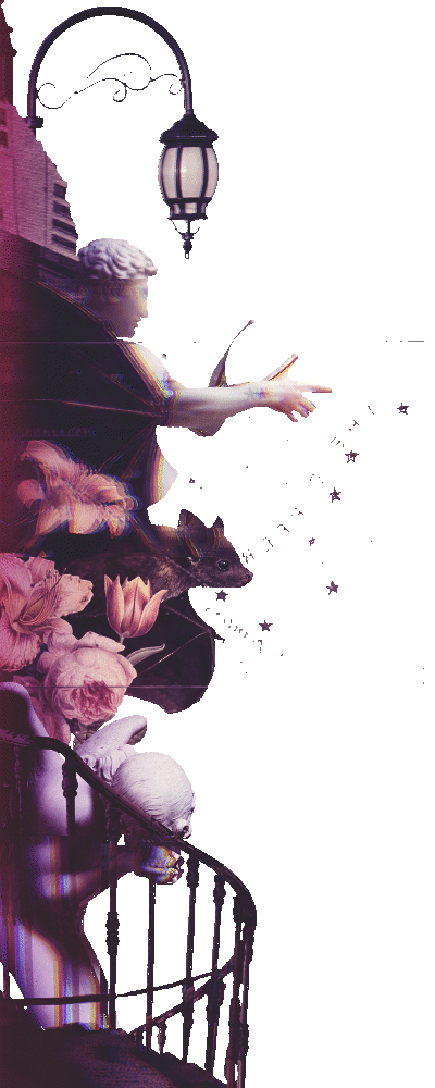 Digital artwork featuring a classical statue of a woman reading a book, surrounded by pink flowers, with a street lamp overhead, set against a dark background with floating stars.