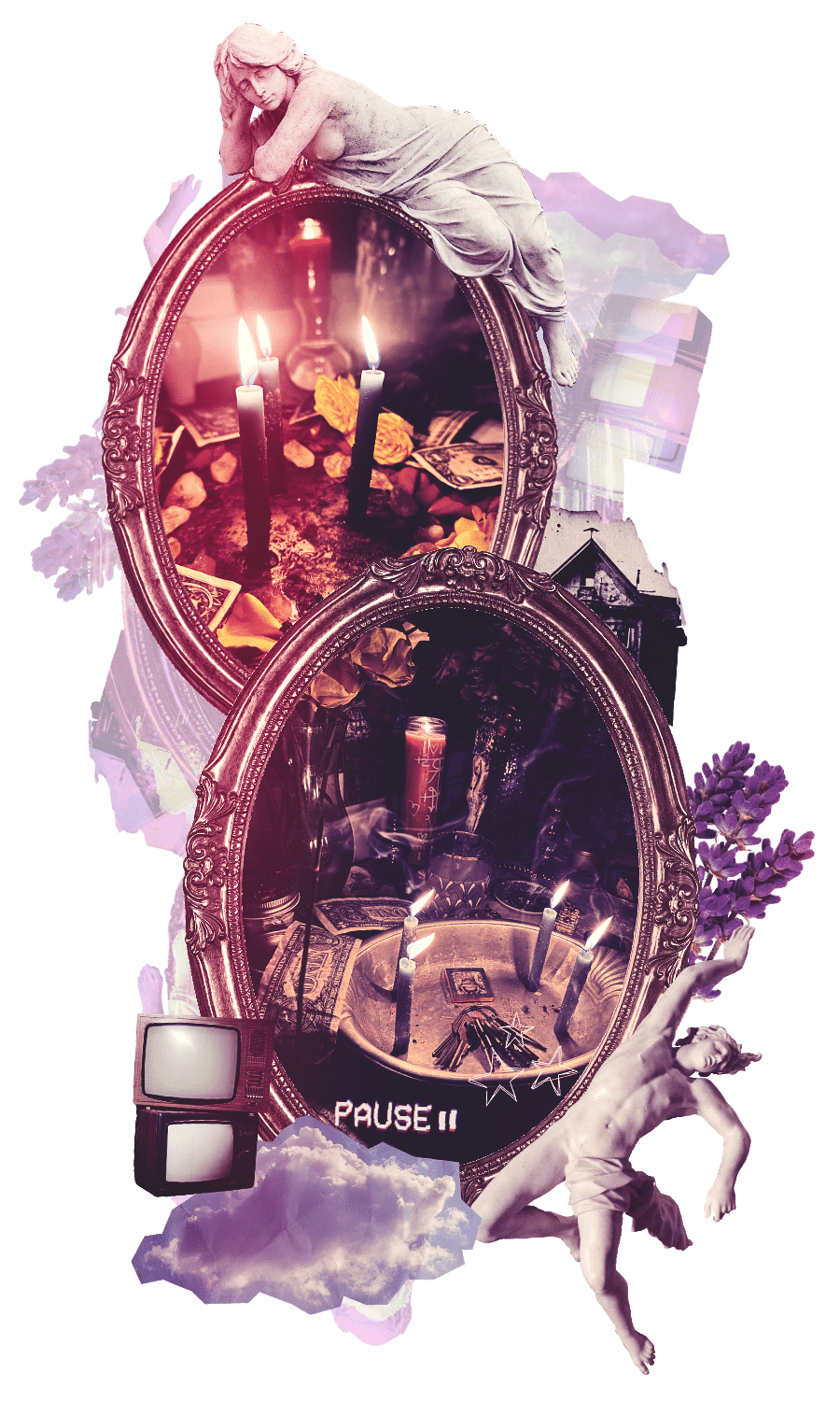 A surreal digital collage featuring two ornate mirrors with lit candles, lavender flowers, a statue of a woman reclining on the top mirror, purple clouds, an old television, and a person in motion on the bottom right, all set against a black background.
