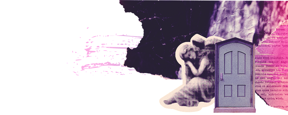A person sitting on the ground next to a closed door with a collage of various textures and colors, including pink digital lines and dark abstract shapes.