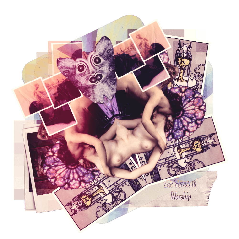 A collage with a central nude woman surrounded by butterfly wings, printed photographs, and tarot cards, with a text label that says "The Forms of Worship."