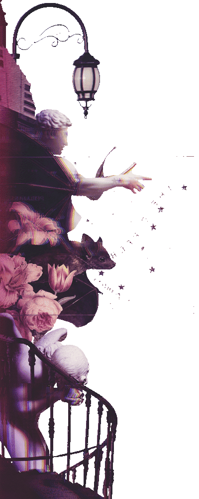 A surreal illustration featuring a classical statue of a woman, pink flowers, a street lamp, and a staircase, with dark background and star-like details.