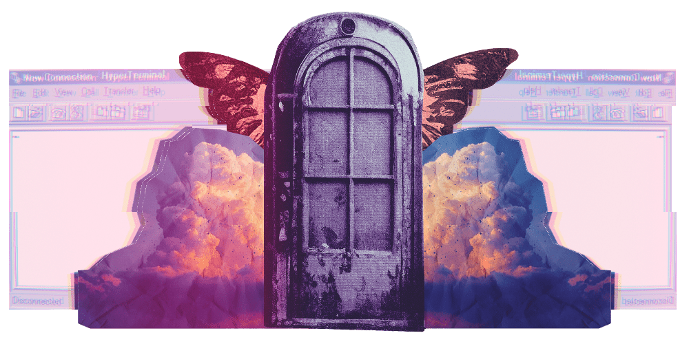 A digital collage featuring an old door with butterfly wings, clouds behind it, and a computer window overlay with glitch effects.