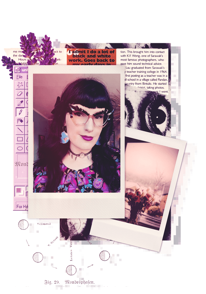 A collage of photographs, including a close-up portrait of a woman with dark hair, glasses, and bold makeup, and a landscape of a flowering tree by a body of water. The collage has digital and pixelated elements and purple accents.