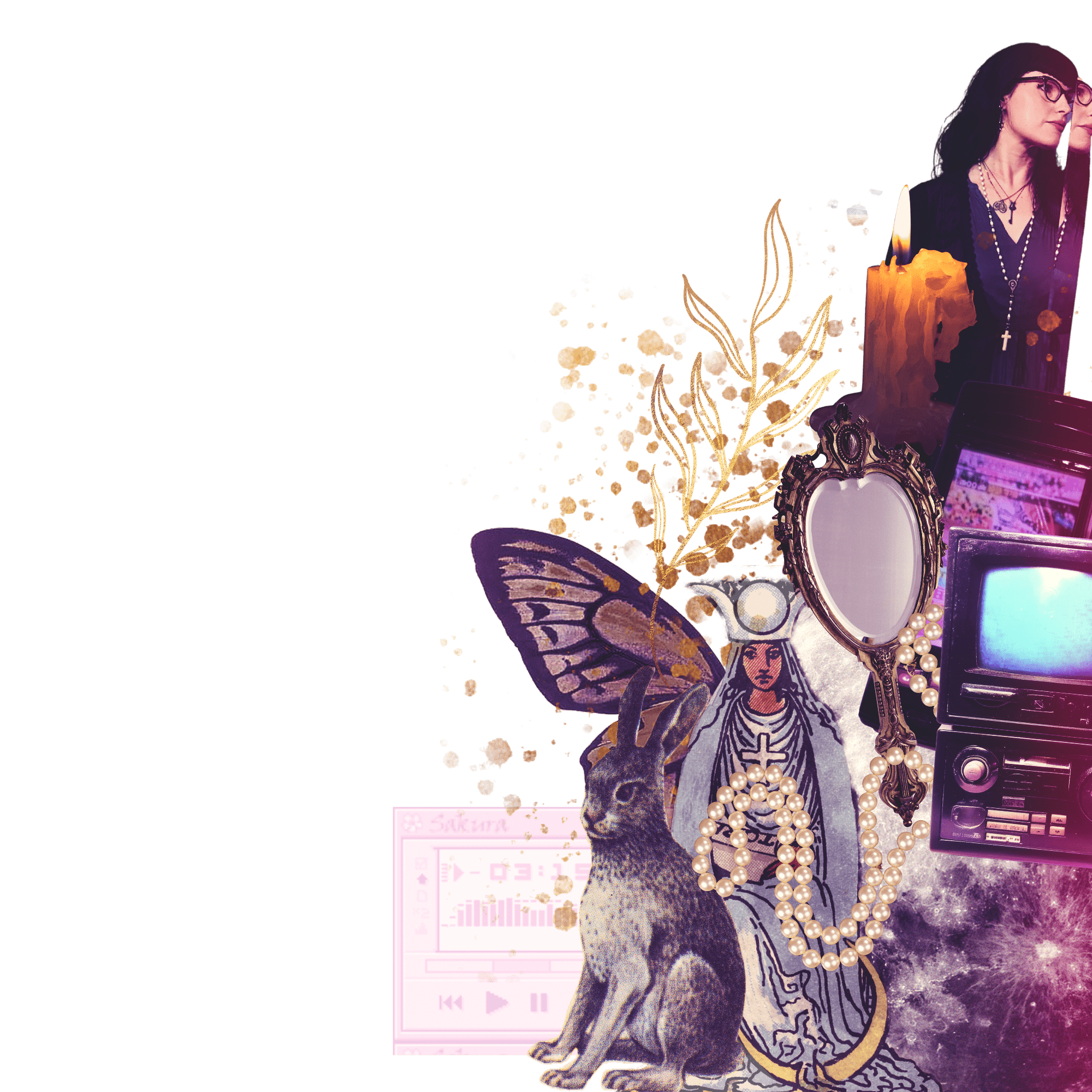A digital collage featuring a woman with glasses wearing a black blouse and jewelry, an ornate mirror, a candle, a butterfly, and pink digital elements including a barcode and text.