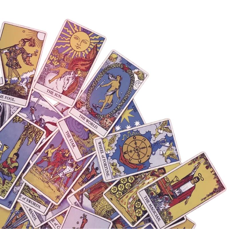A spread of tarot cards including The Fool, The Sun, The World, The Star, Wheel of Fortune, The Magician, and King of Swords.