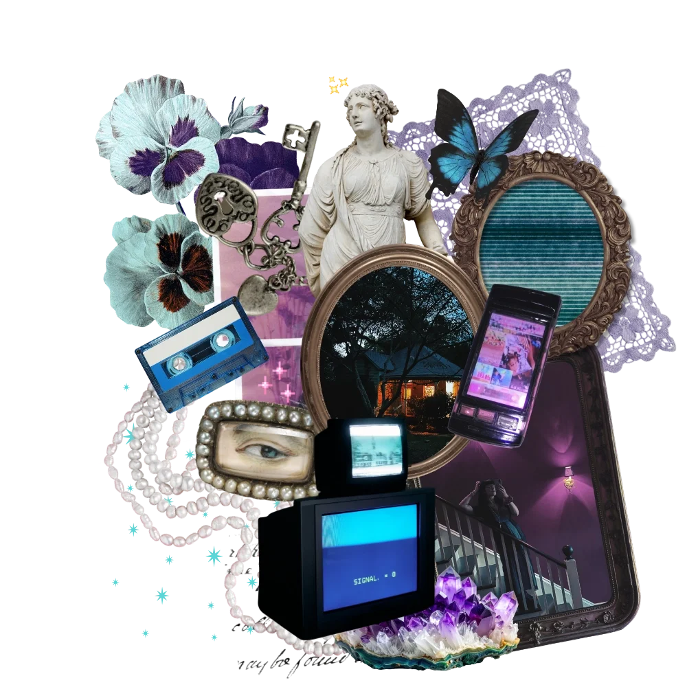 A collage of vintage and modern objects including an ornate mirror, a bust statue, a butterfly, a cassette tape, a smartphone, an old TV displaying 'SIGNAL = 0,' a pearl necklace, a photograph, and decorative flowers.