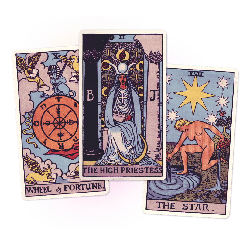Three tarot cards: Wheel of Fortune, The High Priestess, and The Star, arranged in a layered style with a colorful background.