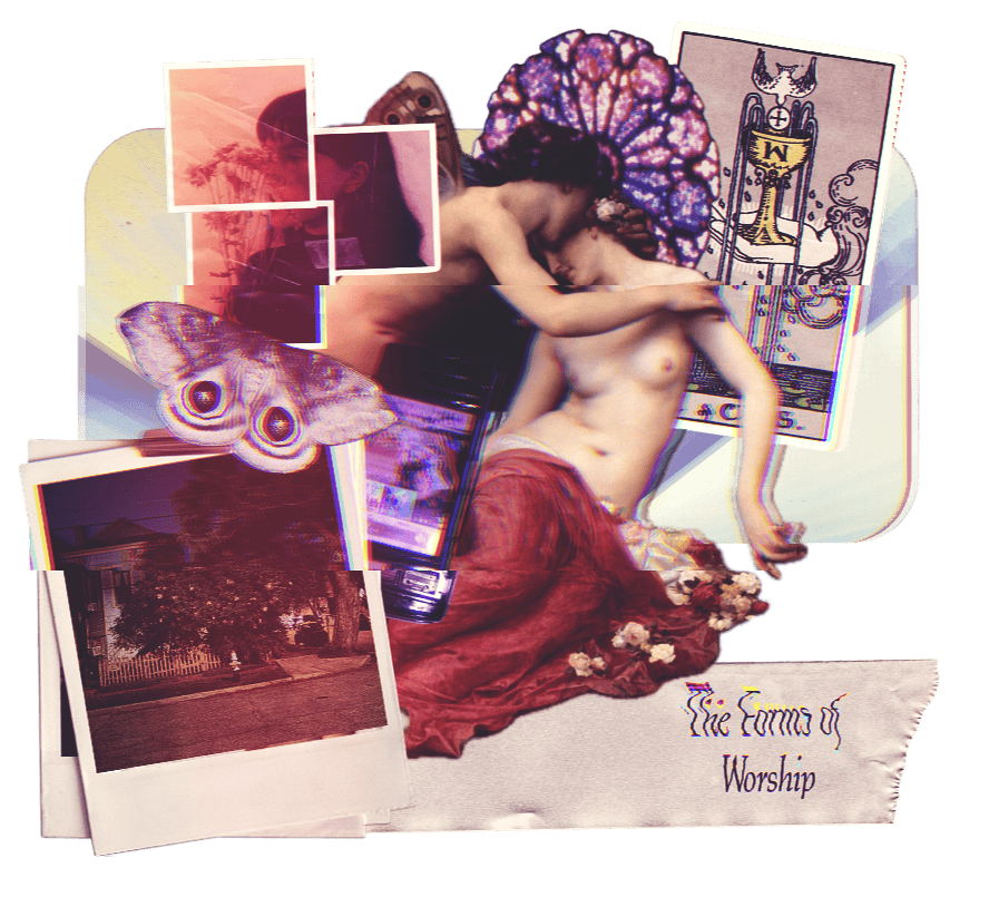 An artistic collage featuring two nude women, one with dark hair and the other with lighter hair, embracing and lying close together. Surrounding them are various images including a butterfly, a church window, a house, a tarot card, and colorful abstract elements. The collage also includes the text "The Forms of Worship."