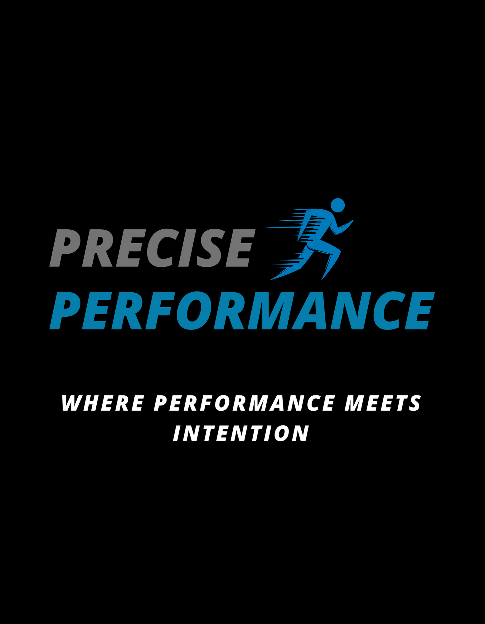 Logo for Precise Performance featuring a stylized blue running figure and the company name in bold gray and blue text, with the tagline 'Where Performance Meets Intention'.