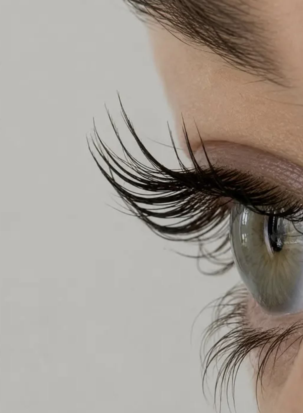 Close-up of a person's eye with long eyelashes, showcasing the iris and part of the eyelid, with a minimal background.