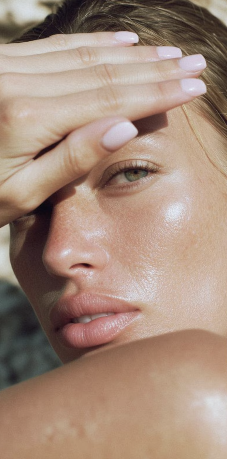 Close-up of a woman with fair skin and green eyes, holding her hand above her forehead, showing her manicured nails, with her face and shoulder visible in bright lighting.
