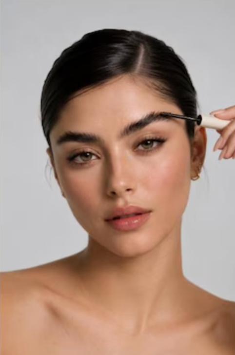 Woman with dark hair using an eyebrow brush on her right eyebrow.