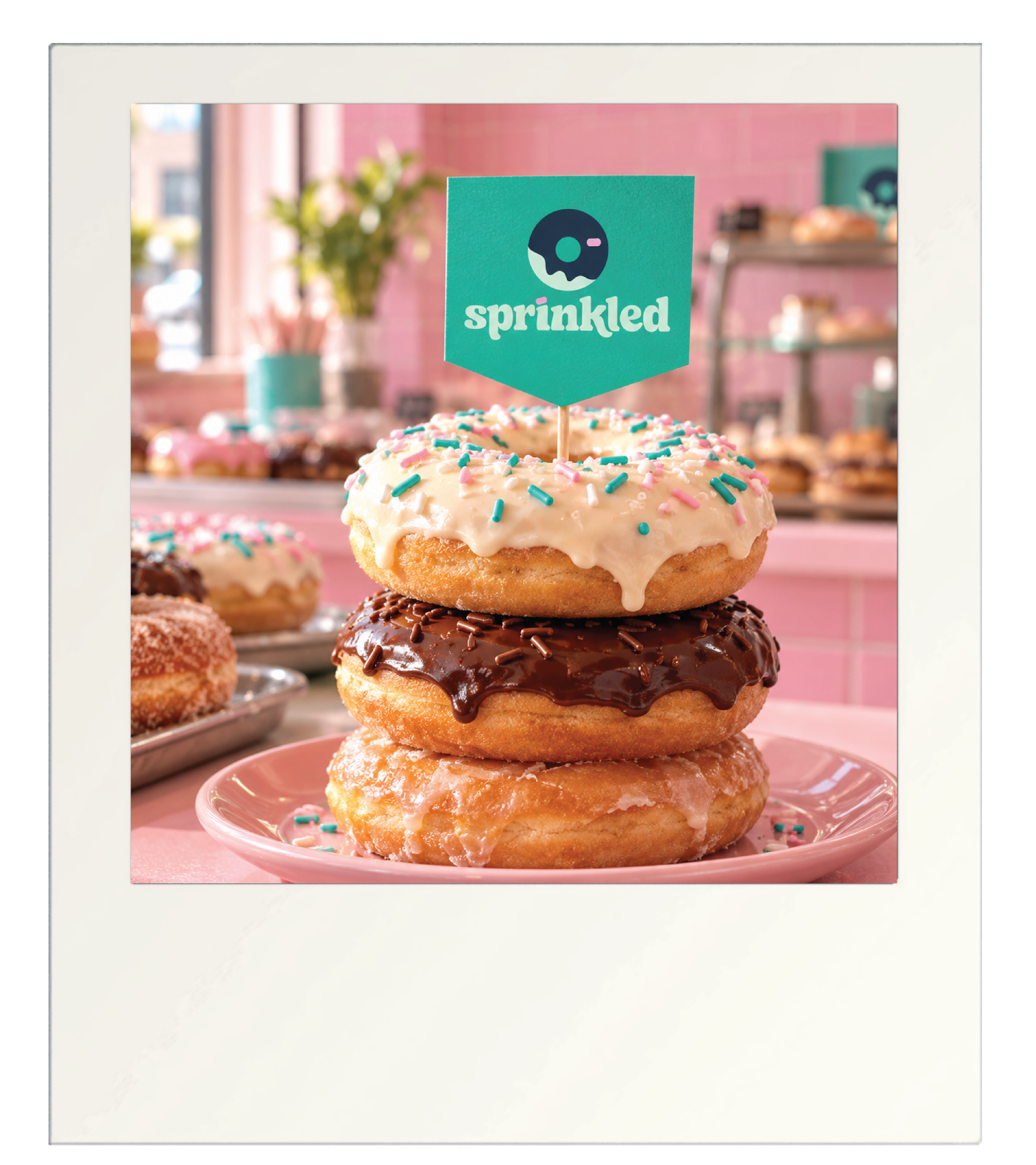 stacked sprinkled donuts with sprinkles logo tag sticking out the top